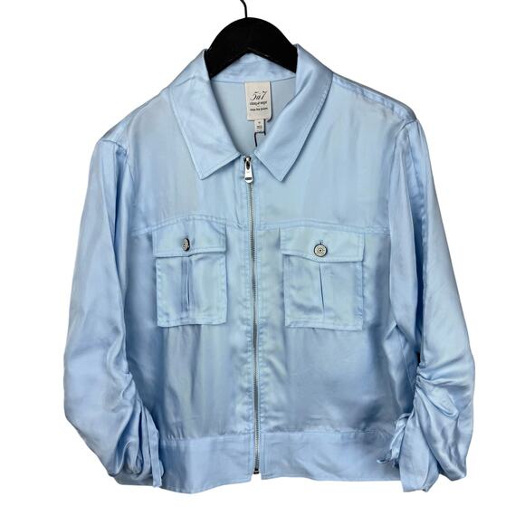 CINQ A SEPT Dale Ruched Sleeve Cupro Blue Satin Jacket - Picture 6 of 9